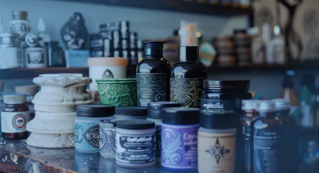 Druk cyfrowy etykiet na słoiczkach i butelkach kosmetyków ustawionych na ladzie, z półkami produktów w tle.