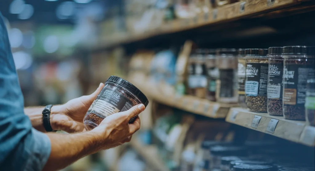 Etykiety produktów spożywczych na opakowaniach w sklepie