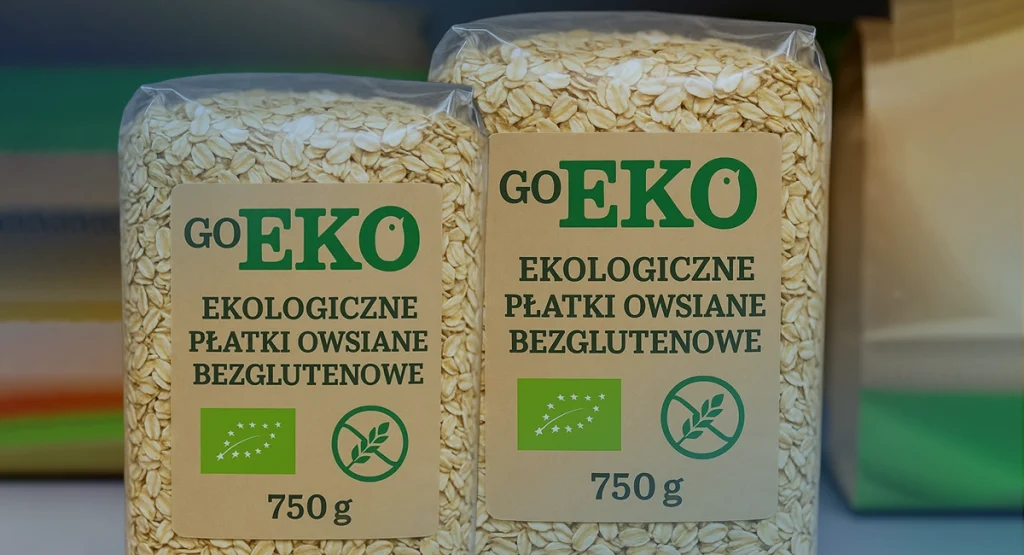 Etykiety produktów spożywczych na opakowaniach ekologicznych płatków owsianych