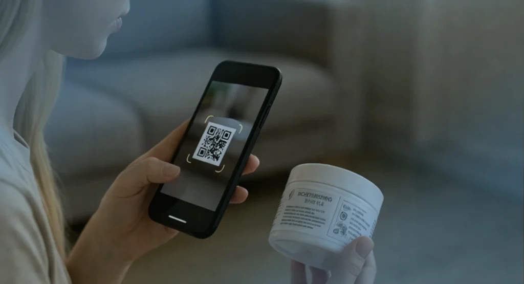 Skanowanie kodu QR na opakowaniu produktu za pomocą smartfona.