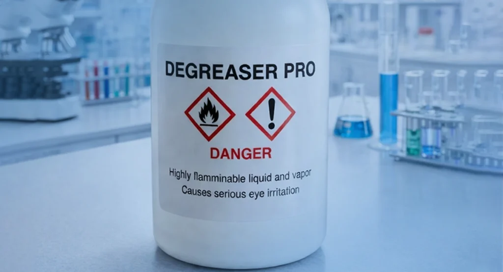 Etykieta CLP środka odtłuszczającego z piktogramami łatwopalności i podrażnienia.