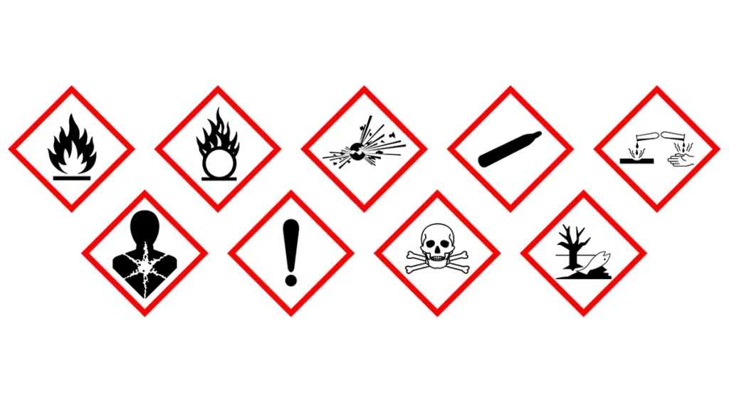 Piktogramy CLP oznaczające rodzaje zagrożeń chemicznych.