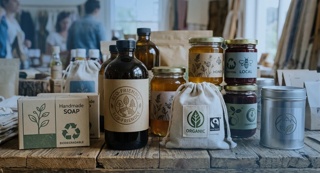 Monomateriałowość – jak projektować opakowania, które łatwiej poddać recyklingowi? 1 Produkty w opakowaniach z etykietami informującymi o recyklingu i ekologicznych właściwościach.