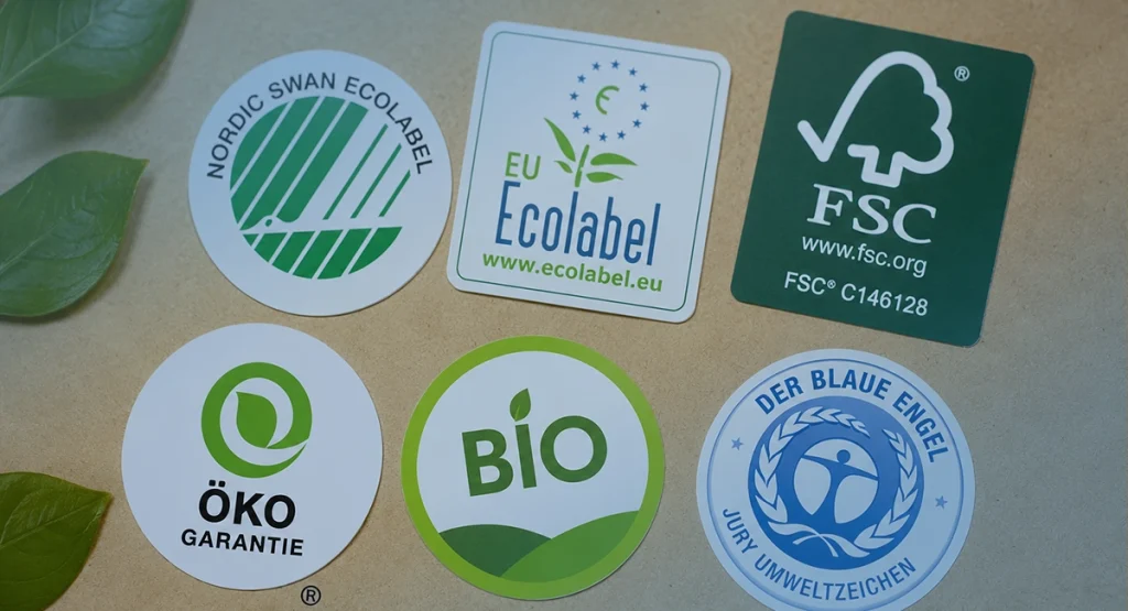 Monomateriałowość – jak projektować opakowania, które łatwiej poddać recyklingowi? 3 Przykłady etykiet z oznaczeniami środowiskowymi, ekologicznymi i certyfikatem FSC.