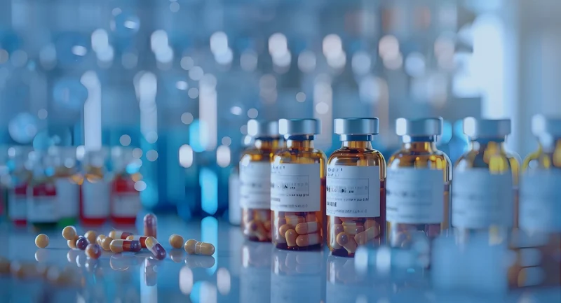 Etykiety farmaceutyczne na fiolkach i opakowaniach leków w laboratorium.