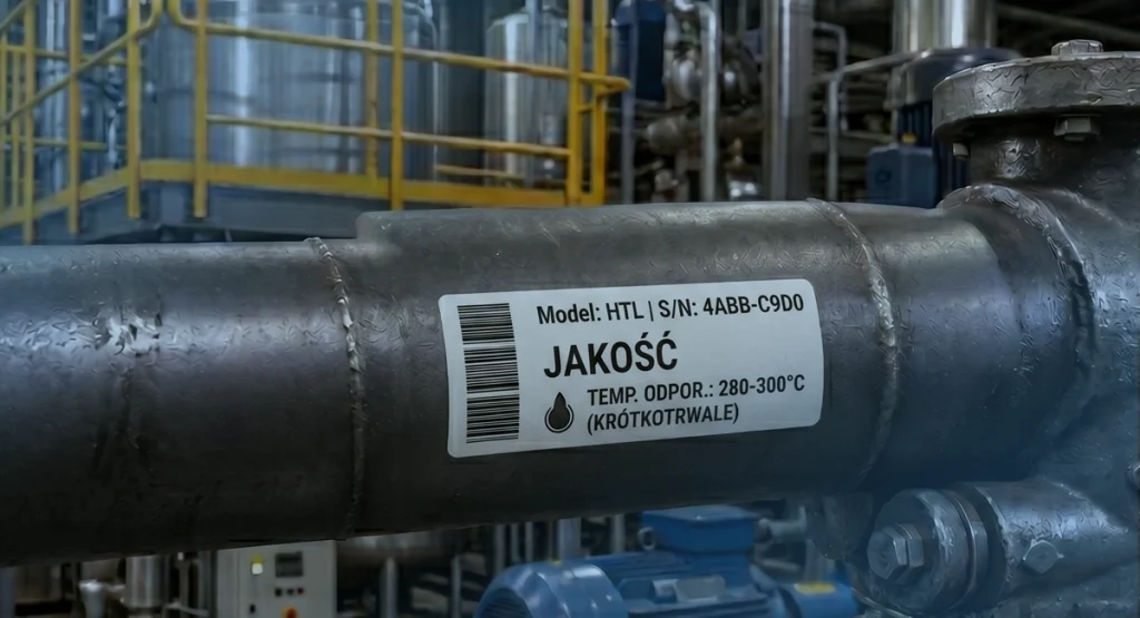 Etykieta wysokotemperaturowa na metalowym elemencie instalacji przemysłowej.